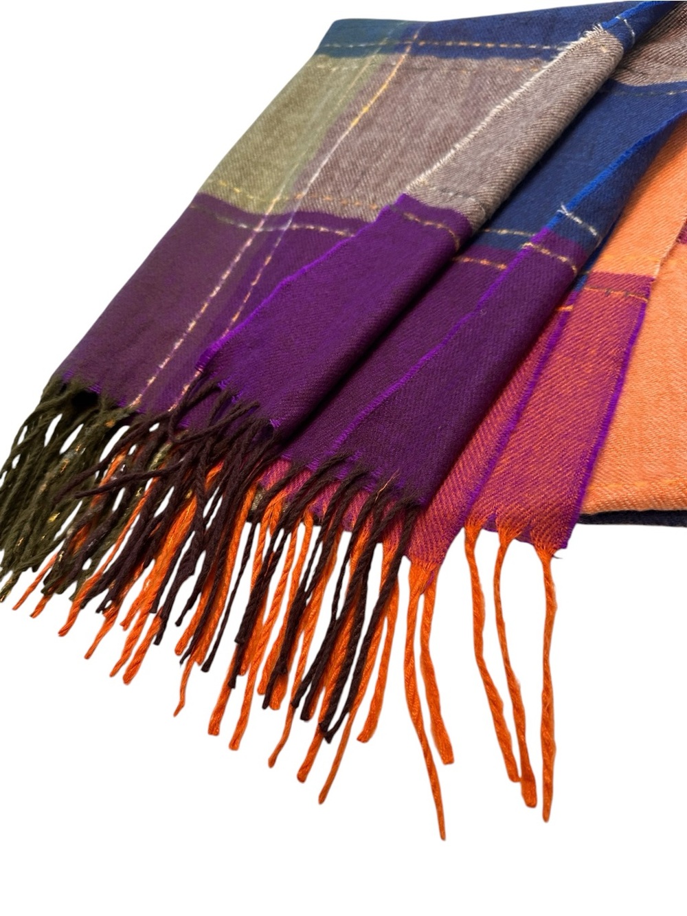 Oversized PlaidScarf Wrap – Purple Orange Blue Olive – Fringe